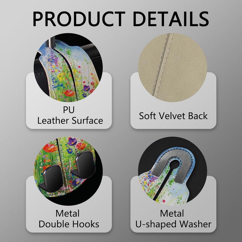 Blusabaca 2PCS Car Seat Back Storage Headrest Hooks, Floral Spring Purse Holder Bags Hanger, PU Leather Double Metal Hook for Backseat Organizer, Women Car Accessories Organization - Image 4